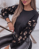 Fluffy Sequin Patch Long Sleeve Top