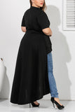 Fashion Round Neck Short Sleeve Pleated Irregular Large Size Black Dress