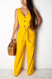 Sexy Fashion Hollow Solid Patchwork Button Polyester Sleeveless Slip  Jumpsuits