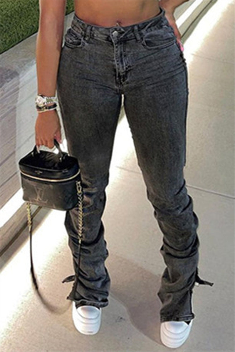 Fashion Casual Solid Slit Fold High Waist Regular Denim Jeans