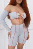 Street Solid Bandage Strapless Long Sleeve Two Pieces