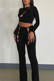 Fashion Sexy Solid Hollowed Out O Neck Long Sleeves Two Pieces