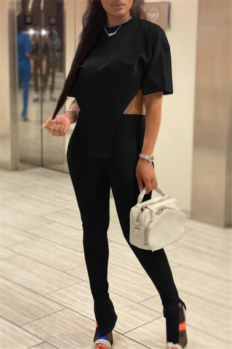 Fashion Casual Solid Slit Asymmetrical O Neck Short Sleeve Two Pieces
