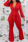 Casual Solid Bandage V Neck Boot Cut Jumpsuits