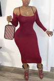 Fashion Daily Adult Twilled Satin Solid Hollowed Out Spaghetti Strap Long Sleeve Mid Calf Sheath Dresses