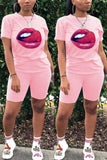 Fashion Casual Lips Print T-shirt Pink Shorts Set