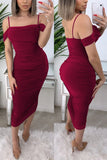 Fashion Sexy Off The Shoulder Sleeveless Spaghetti Strap Pleated Mid Calf Solid Dresses