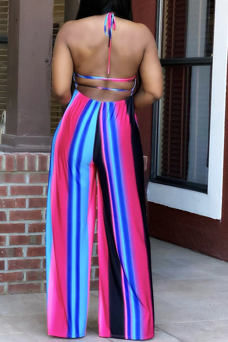 Sexy Print Backless Halter Loose Jumpsuits