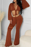 Fashion Casual Solid Bandage V Neck Long Sleeve Two Pieces (Without Belt )