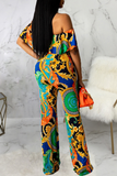 Sexy Print Split Joint Off the Shoulder Straight Jumpsuits