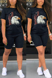 Fashion Casual Eagle Print T-shirt Black Shorts Set