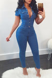Fashion Sexy Casual Old washing Short Sleeve V Neck Jumpsuits
