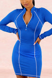 Fashion Solid Color Patchwork Long Sleeve Blue Dress