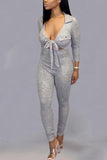 Fashion Casual Long Sleeved Grey Lapel Jumpsuit