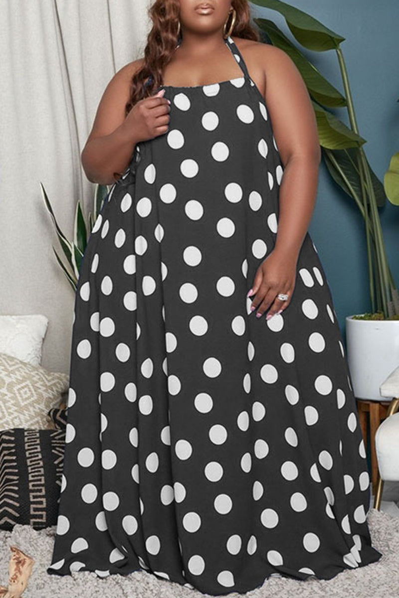 Sexy Casual Plus Size Dot Print Backless Halter Sleeveless Dress
