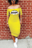 Fashion Printing Off Shoulder Yellow Dress