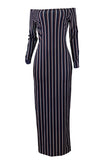 Fashion Striped Patchwork Dark Blue Blending Ankle Length Dress