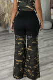 Casual Street Camouflage Print Patchwork Contrast Boot Cut Mid Waist Speaker Patchwork Bottoms