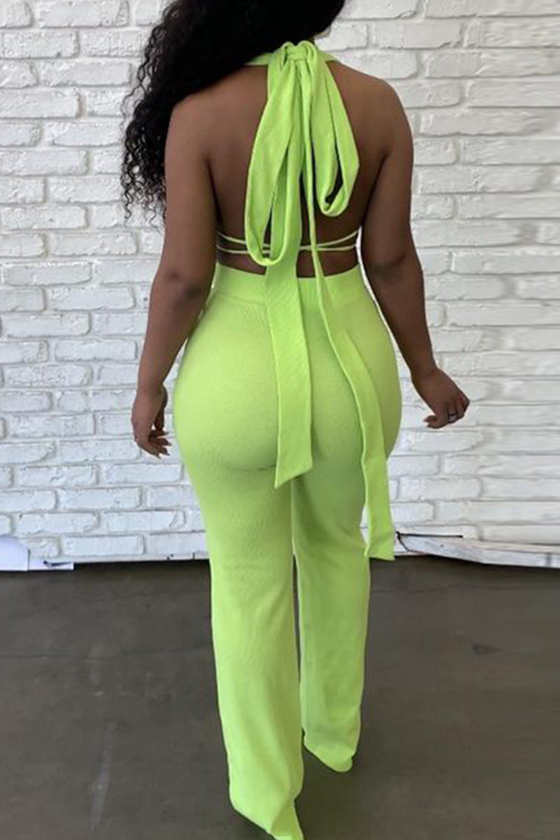 Sexy Solid Backless Strap Design V Neck Sleeveless Two Pieces