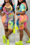 Fashion Casual Letter Tie Dye Printing V Neck Short Sleeve Two Pieces