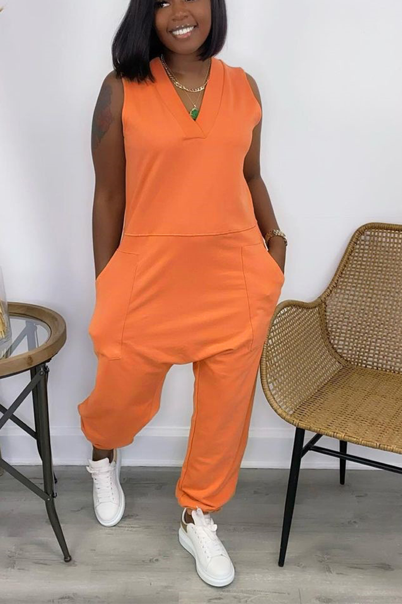 Casual Solid Split Joint V Neck Straight Jumpsuits