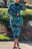 Fashion Long Sleeve Round Collar Multicolor Print Dress