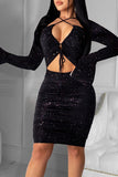 Sexy Solid Hollowed Out Split Joint Frenulum  Sequins Asymmetrical Collar Pencil Skirt Dresses