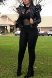 Casual Long Sleeves Zipper Black Leather Jacket