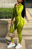 Fashion Sports Camouflage Print Hooded Long Sleeve Fluorescent Green Two-Piece Suit