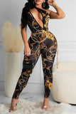 Fashion Sexy Print Hollowed Out Backless One Shoulder Skinny Jumpsuits