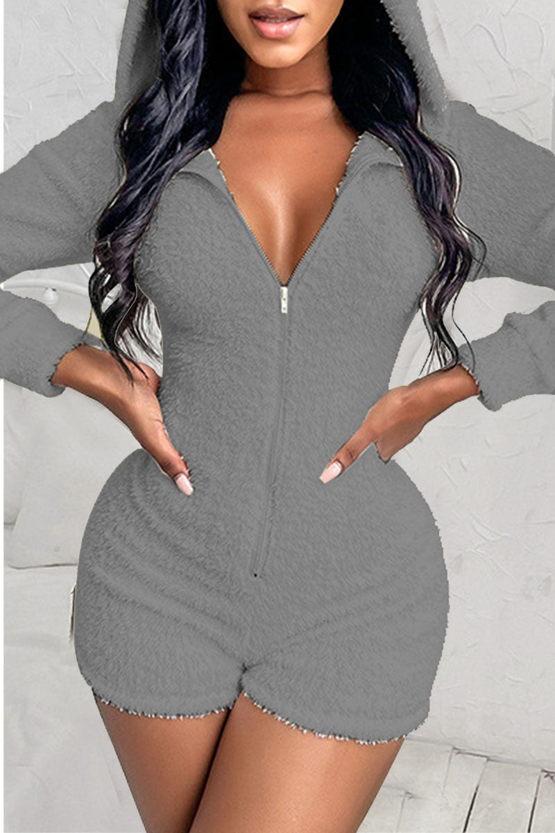 Casual Solid Split Joint Zipper Hooded Collar Straight Jumpsuits